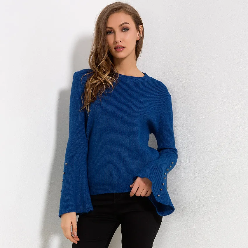 Knitted Solid Color Flare Long Sleeve Sweater