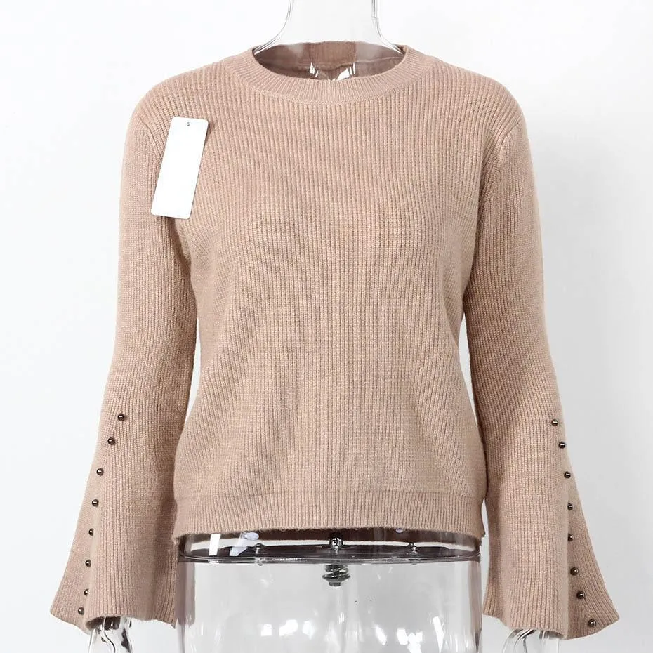 Knitted Solid Color Flare Long Sleeve Sweater