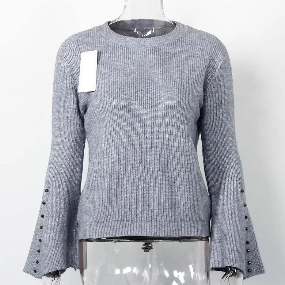 Knitted Solid Color Flare Long Sleeve Sweater