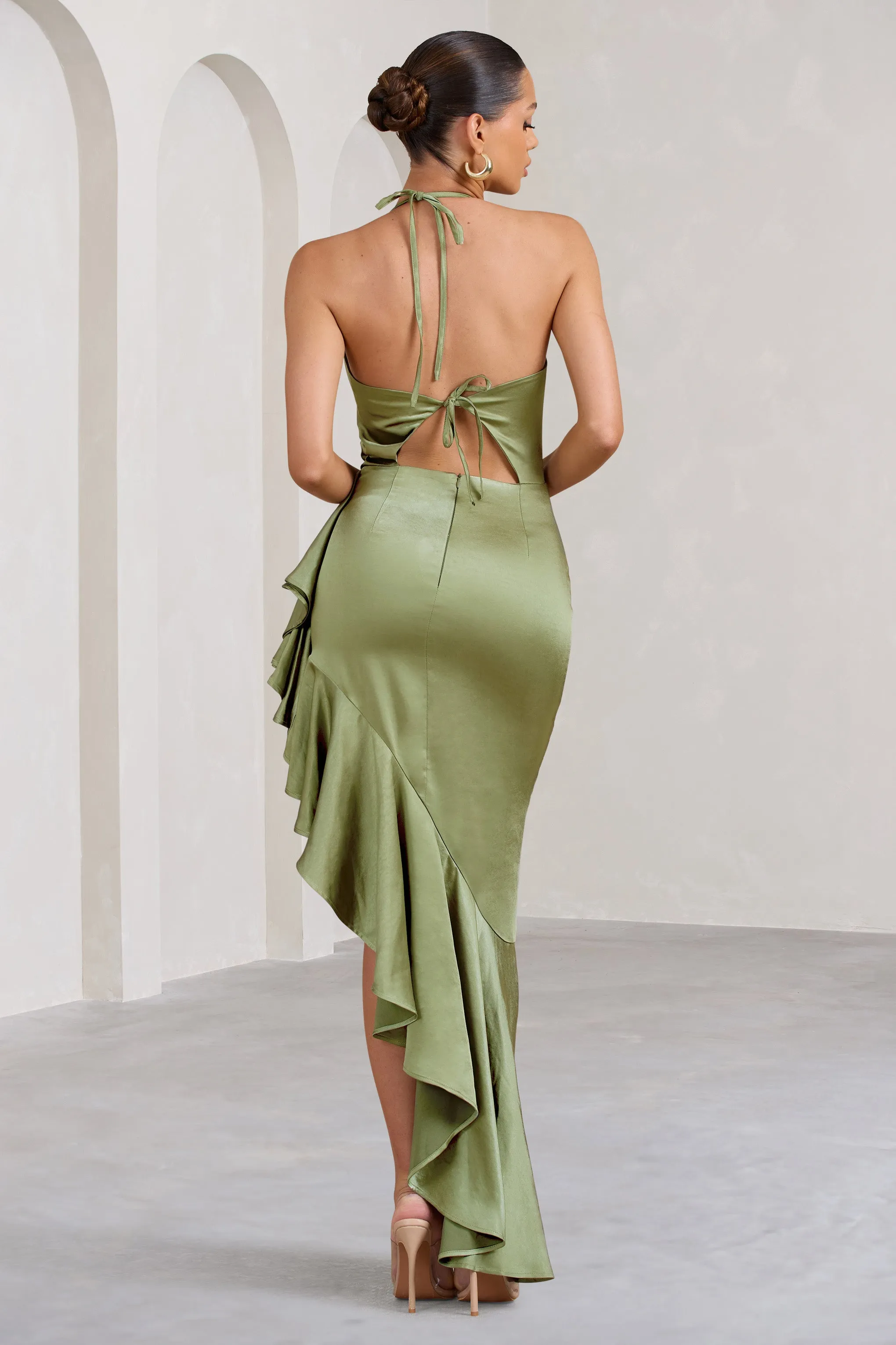 Lady Rosselini | Olive Strappy Asymmetric Ruffled Maxi Dress