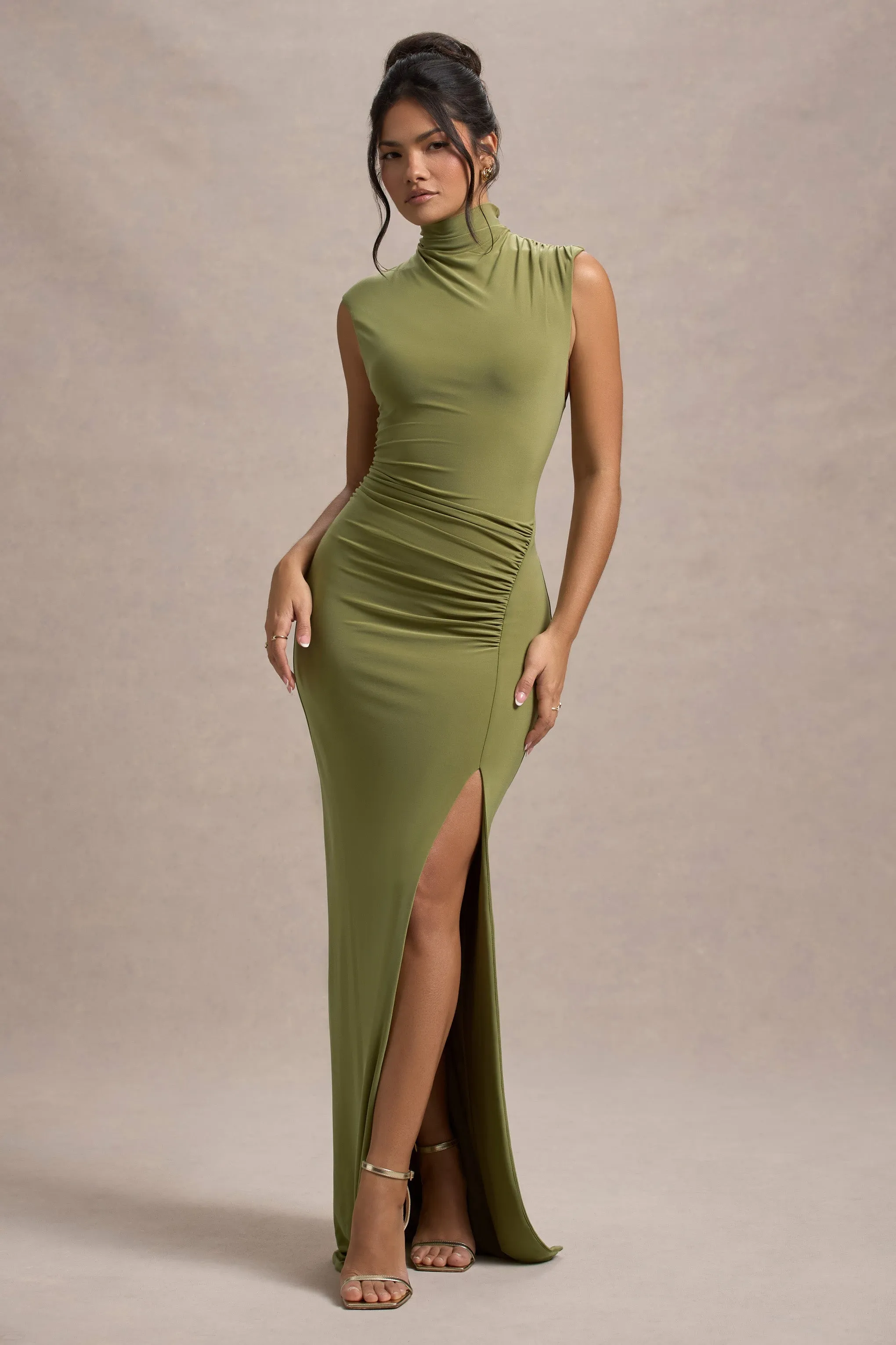 Lanetta | Olive Ruched High-Neck Maxi Dress With Split