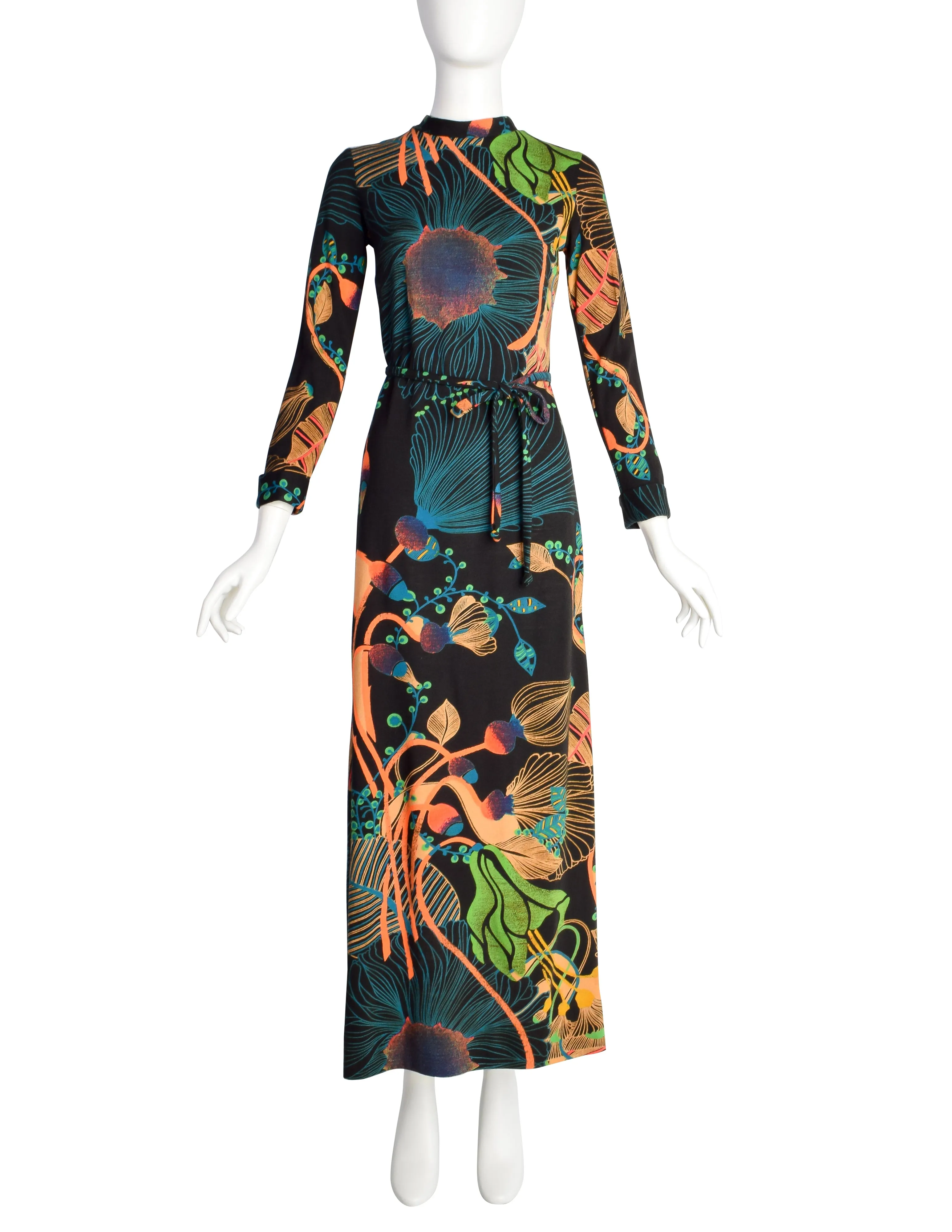 Lanvin Vintage 1970s Psychedelic Floral Jersey Maxi Column Dress