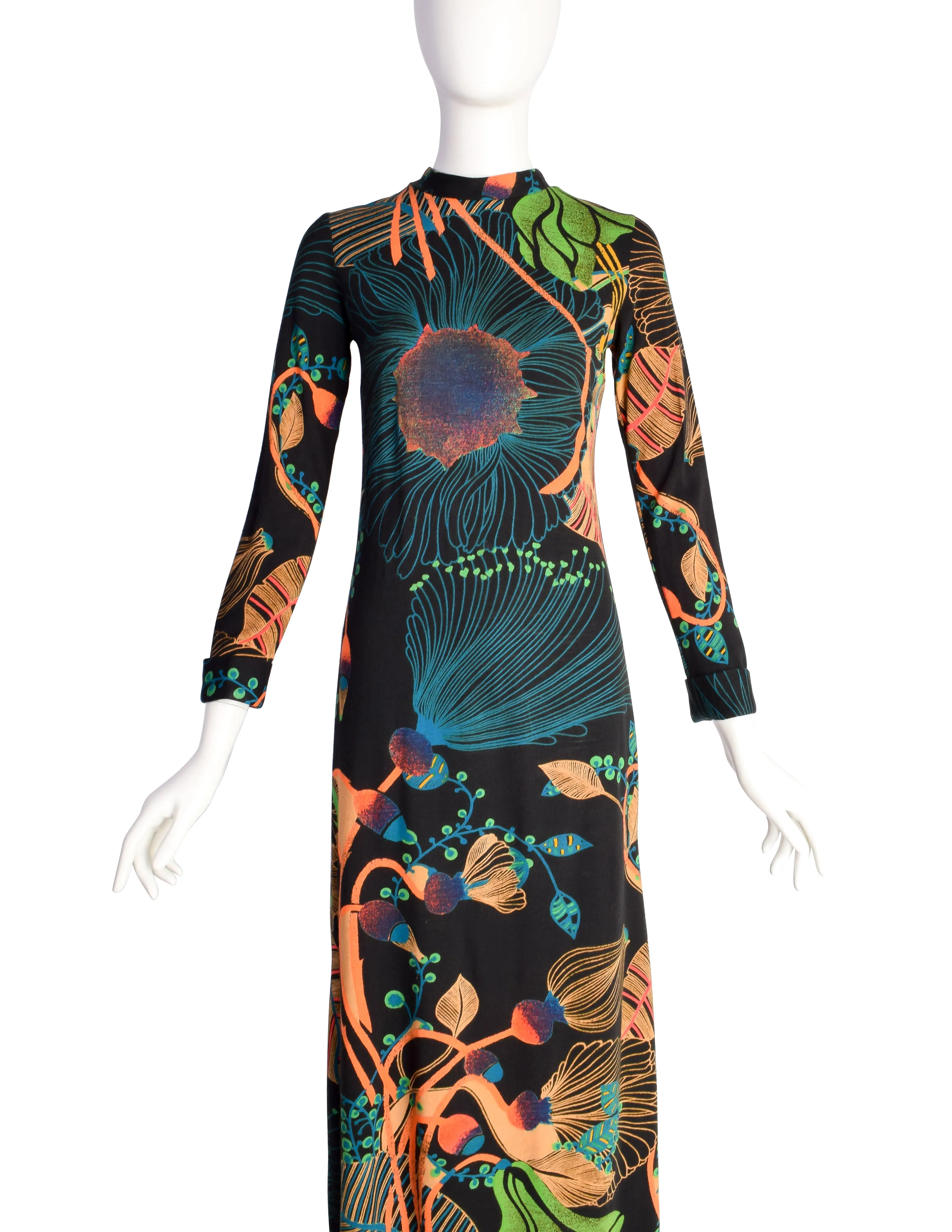 Lanvin Vintage 1970s Psychedelic Floral Jersey Maxi Column Dress