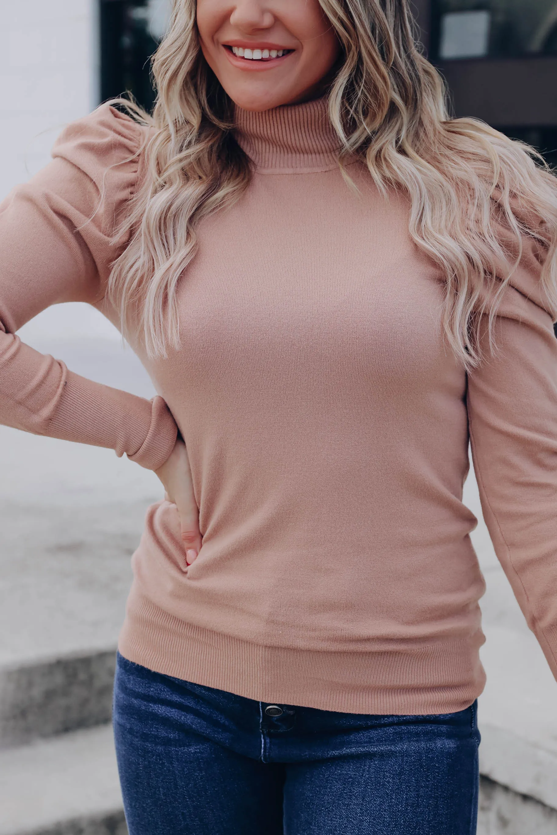 Lizzie Puff Sleeve Turtleneck Sweater - Taupe