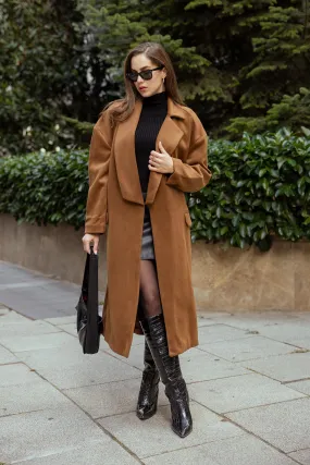 Long Belted Coat - BROWN