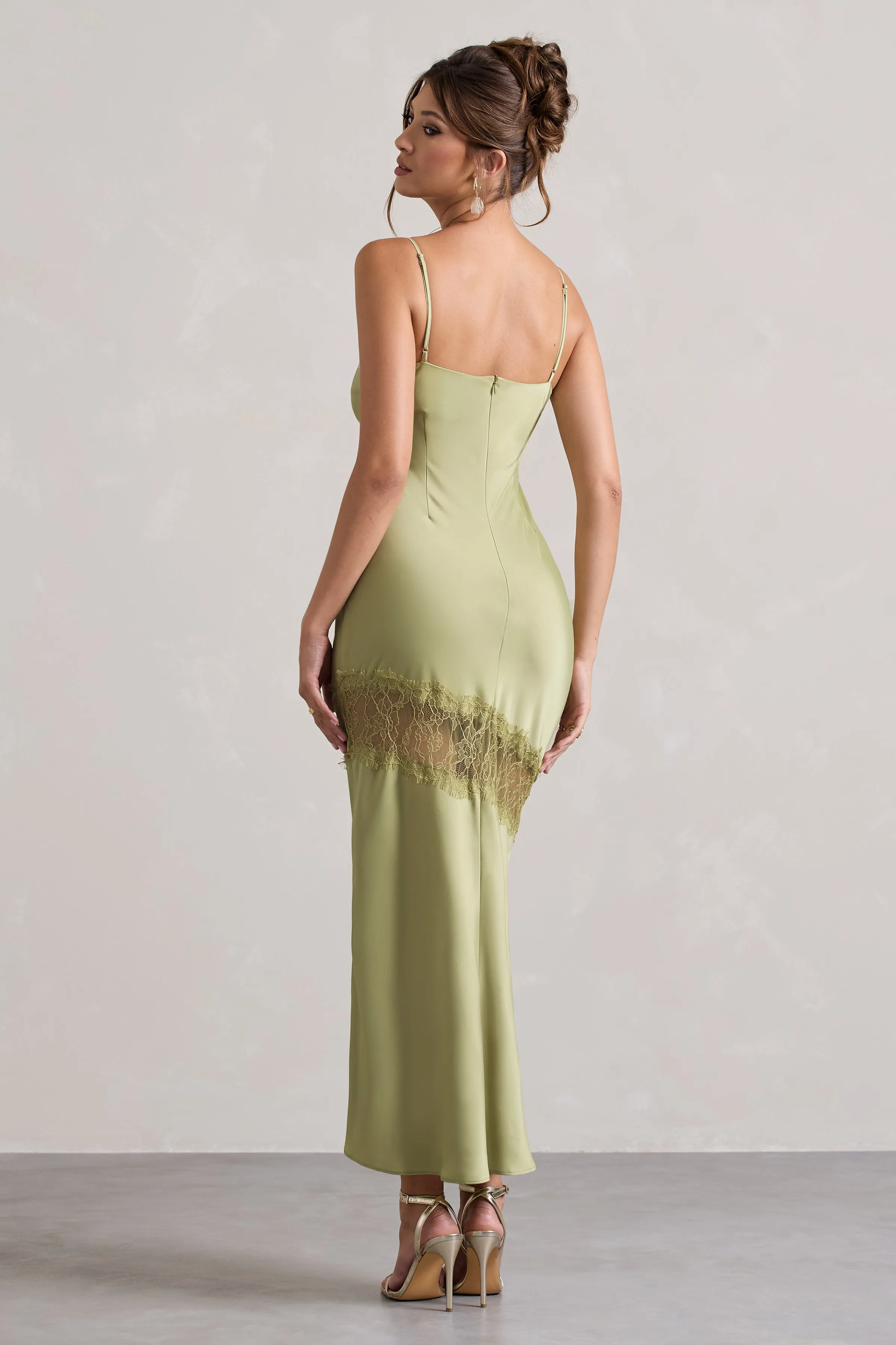 Matera | Light Olive Satin Cowl-Neck Lace Trim Maxi Dress