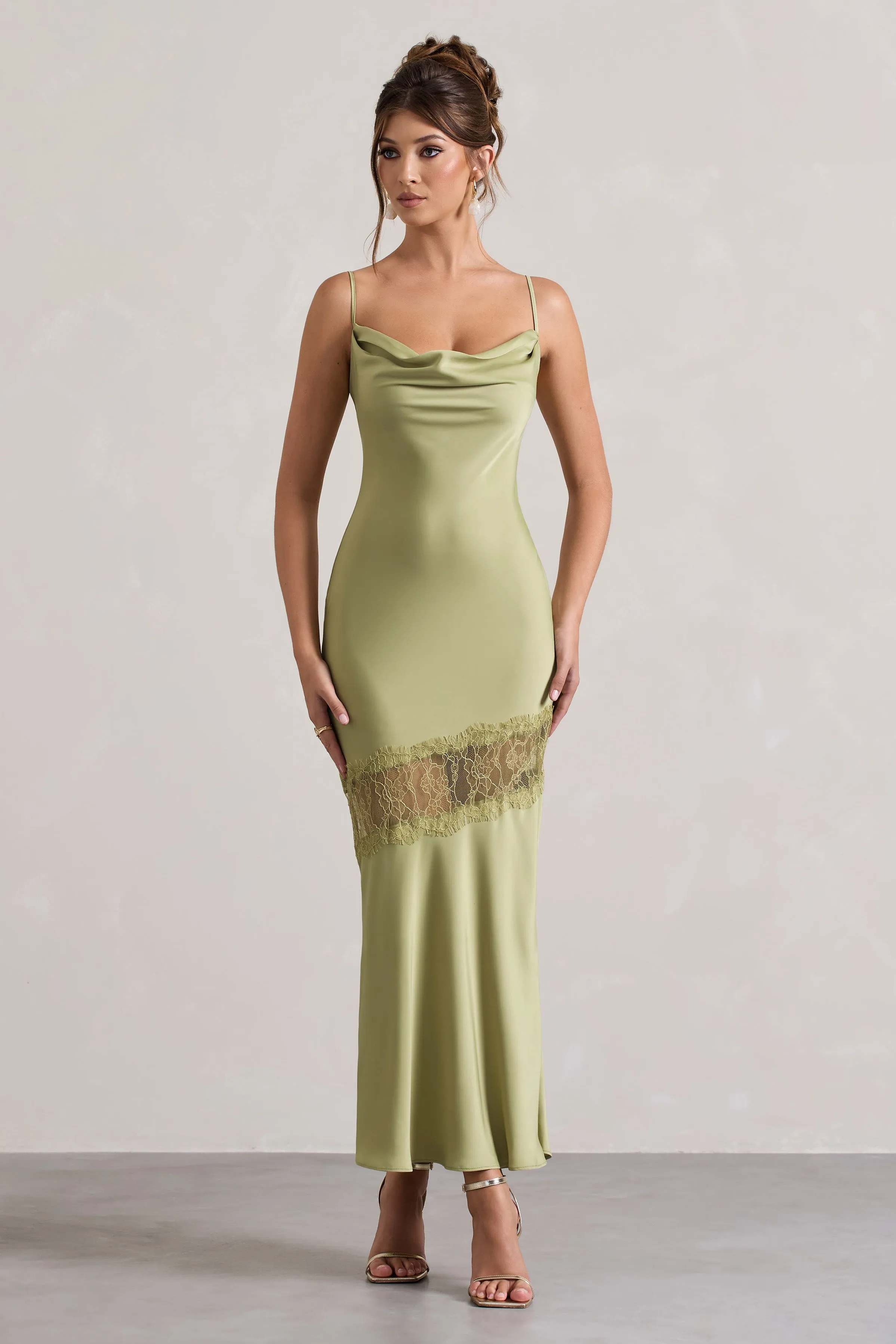 Matera | Light Olive Satin Cowl-Neck Lace Trim Maxi Dress