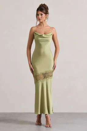 Matera | Light Olive Satin Cowl-Neck Lace Trim Maxi Dress