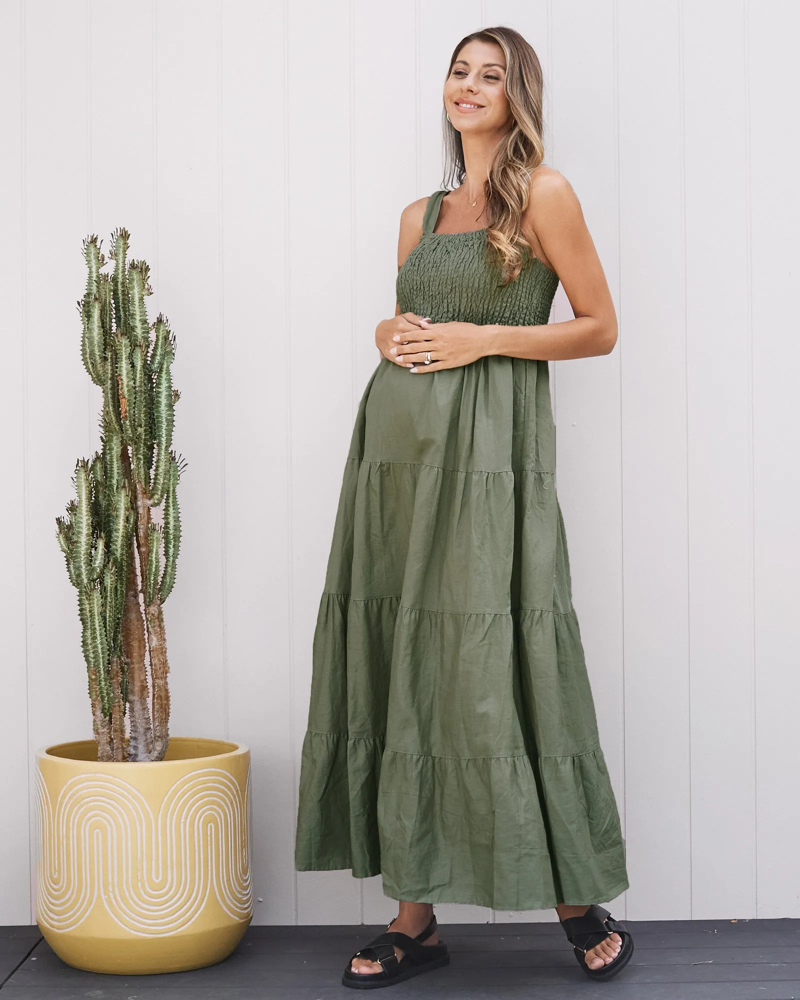 Maternity Lilliana Linen Dress in Olive Green