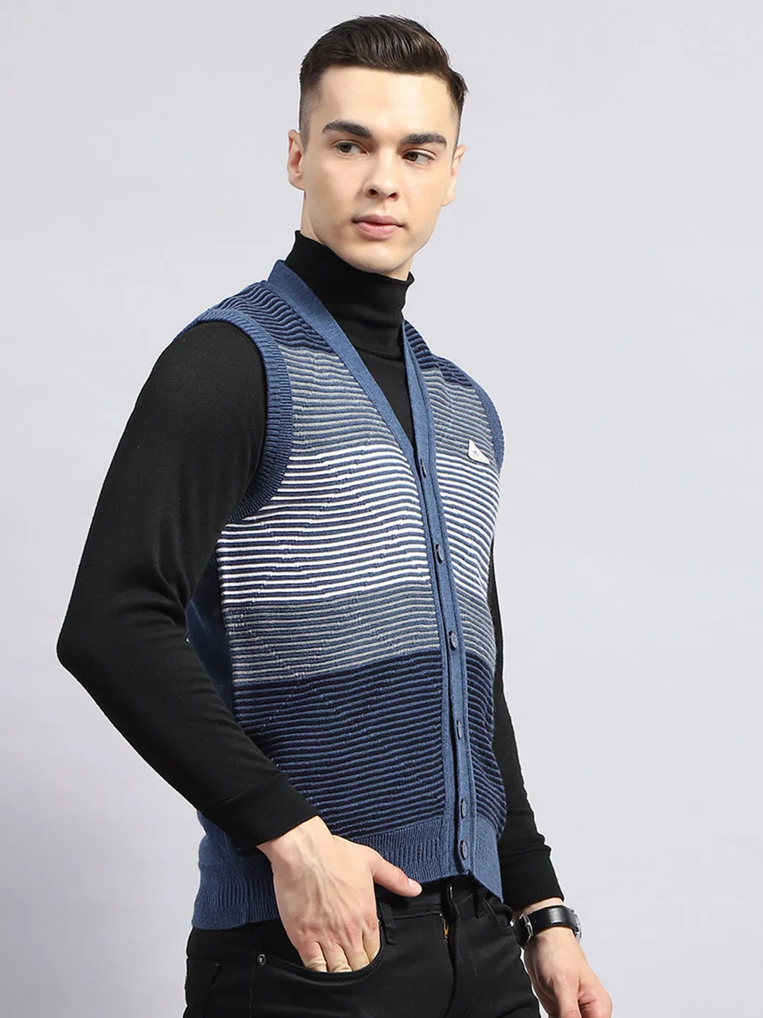 Men Blue Stripe V Neck Sleeveless Cardigan