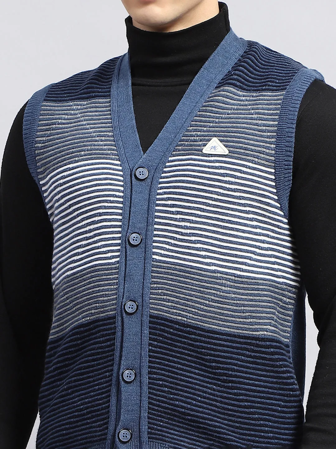 Men Blue Stripe V Neck Sleeveless Cardigan