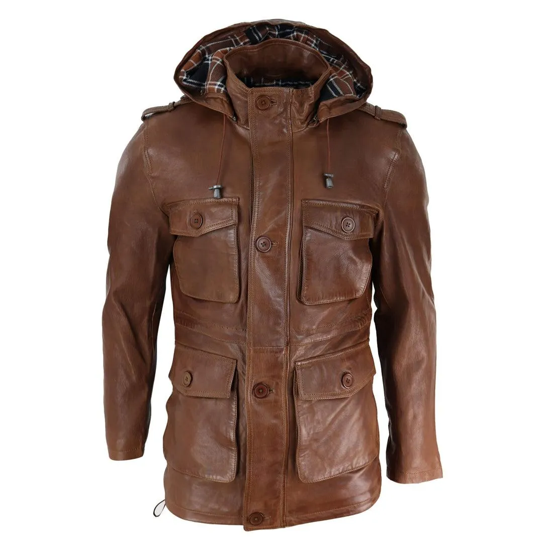 Mens 3/4 Long Real Leather Duffle Jacket Coat Safari Detachable Hood Military