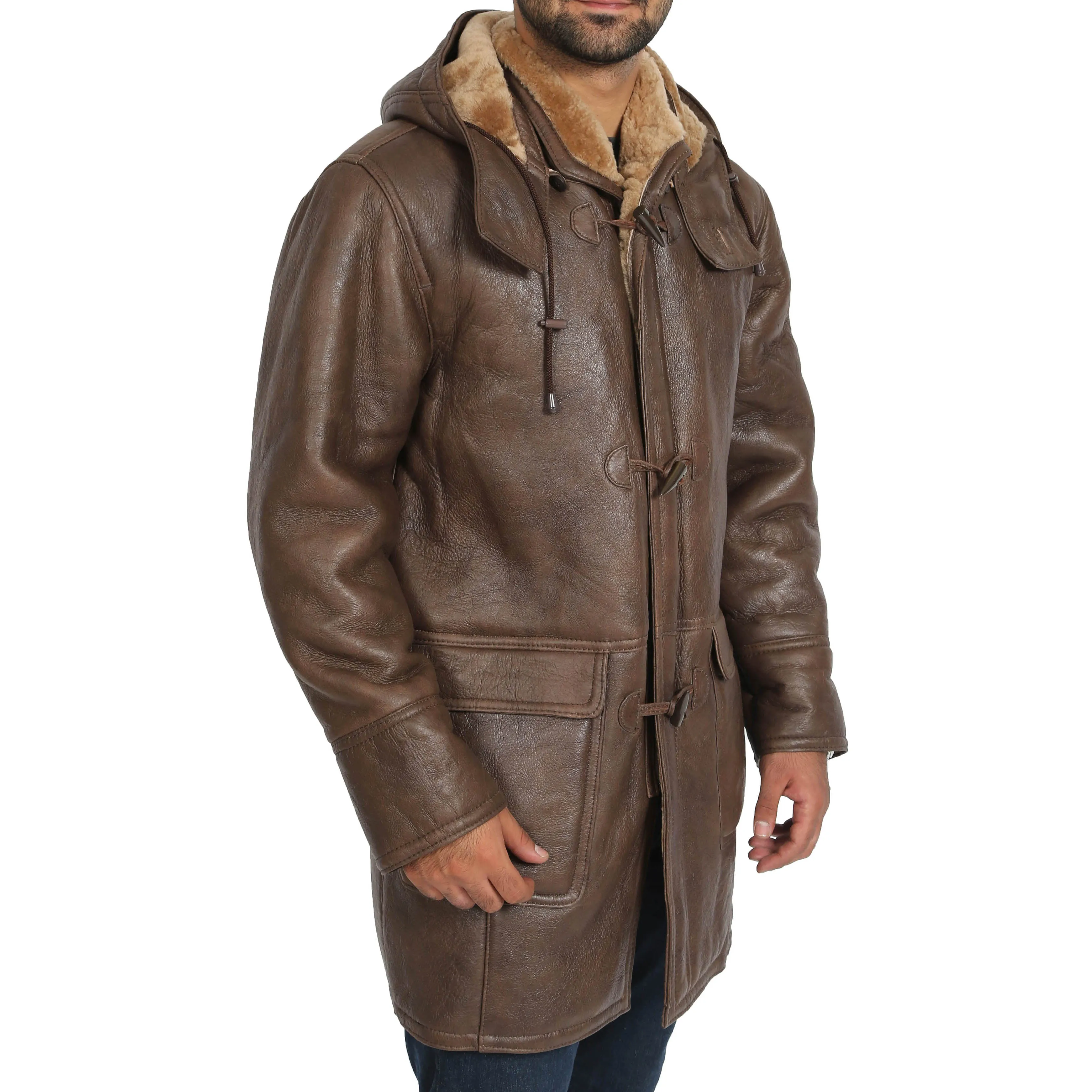 Mens Genuine Sheepskin Duffle Coat 3/4 Long Hooded Jacket Mitchel Brown