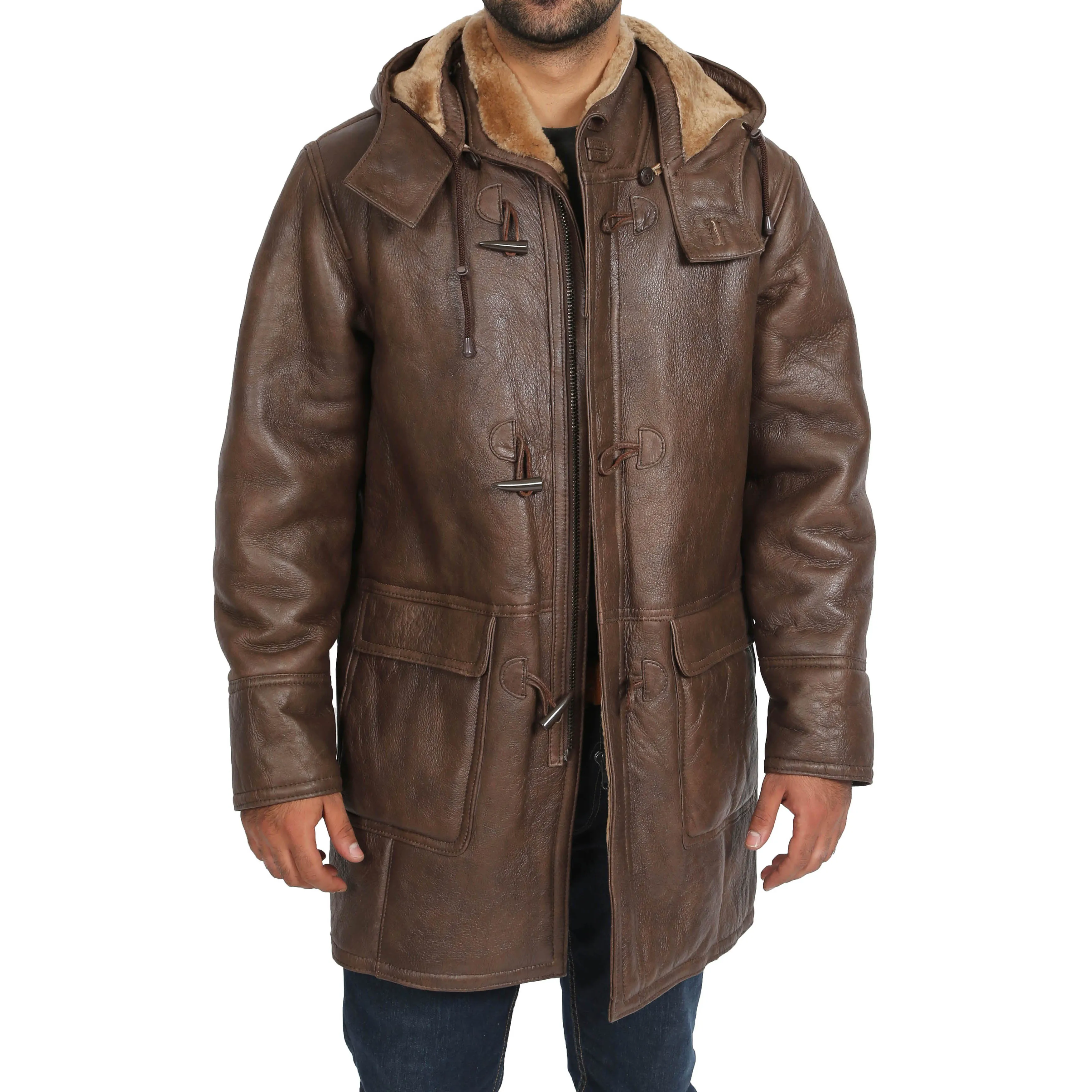 Mens Genuine Sheepskin Duffle Coat 3/4 Long Hooded Jacket Mitchel Brown