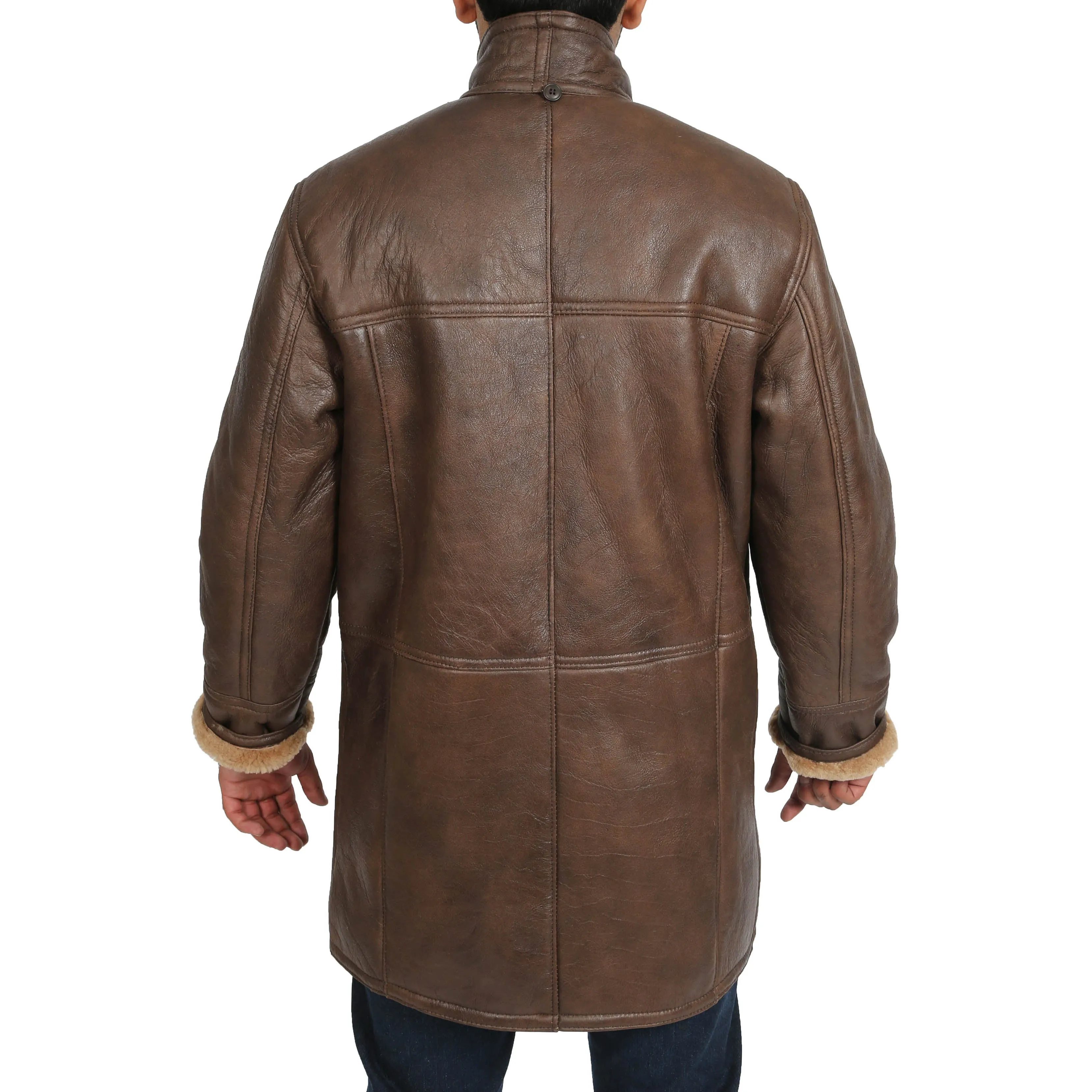 Mens Genuine Sheepskin Duffle Coat 3/4 Long Hooded Jacket Mitchel Brown