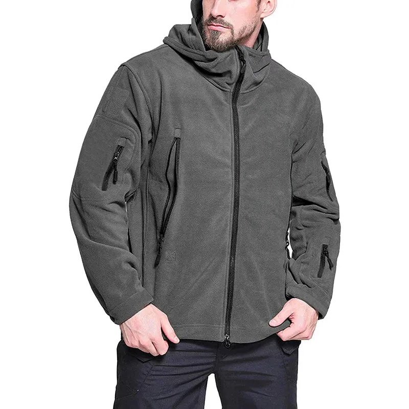 Men's Tactical Fleece Jacket Soft Shell Casual Hooded Jacket Velcro Badge Patch Peaked Hood Loads of Pockets Uniform Security