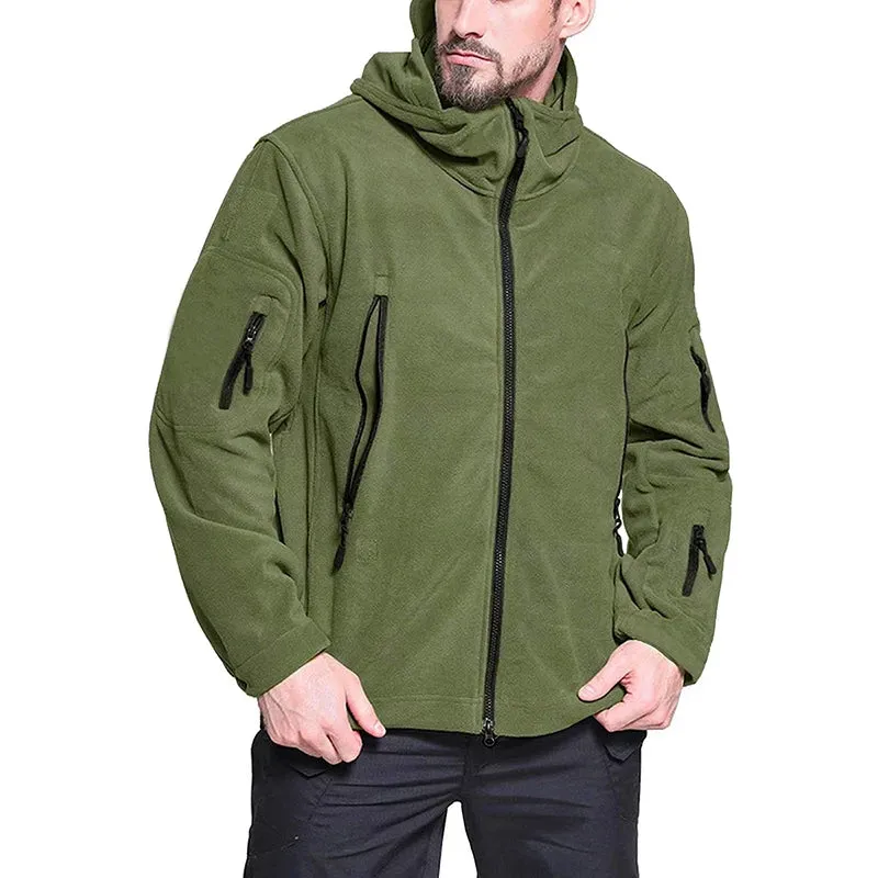 Men's Tactical Fleece Jacket Soft Shell Casual Hooded Jacket Velcro Badge Patch Peaked Hood Loads of Pockets Uniform Security