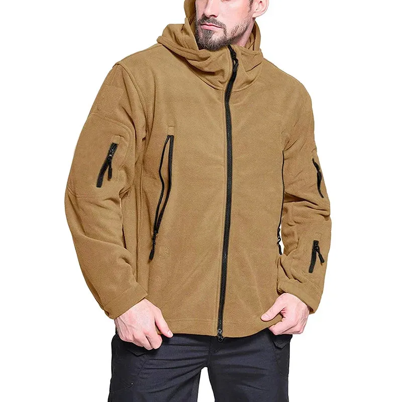 Men's Tactical Fleece Jacket Soft Shell Casual Hooded Jacket Velcro Badge Patch Peaked Hood Loads of Pockets Uniform Security