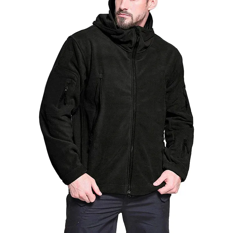 Men's Tactical Fleece Jacket Soft Shell Casual Hooded Jacket Velcro Badge Patch Peaked Hood Loads of Pockets Uniform Security