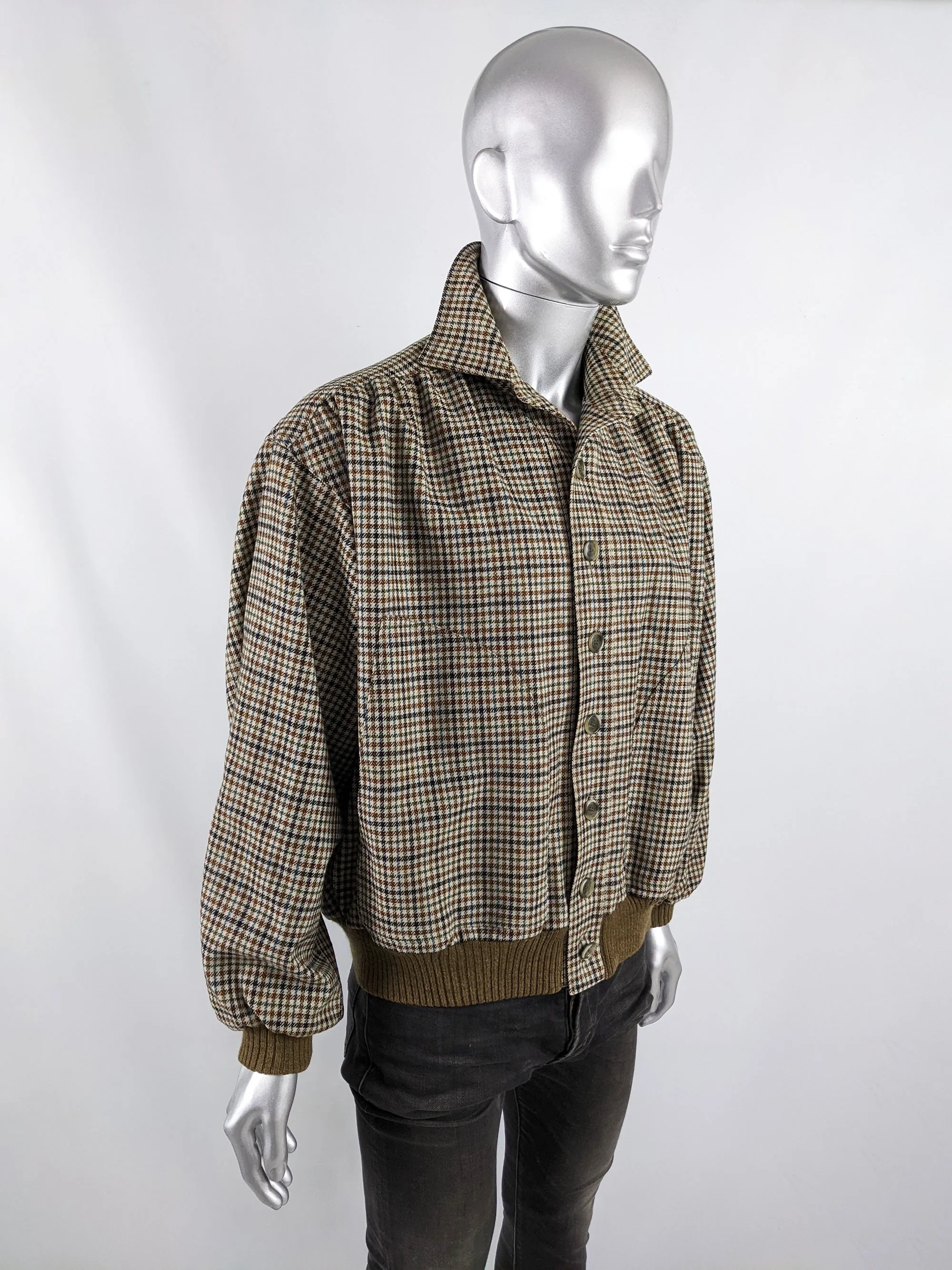 Mens Vintage Wool Houndstooth Collared Blouson Jacket, 1970s