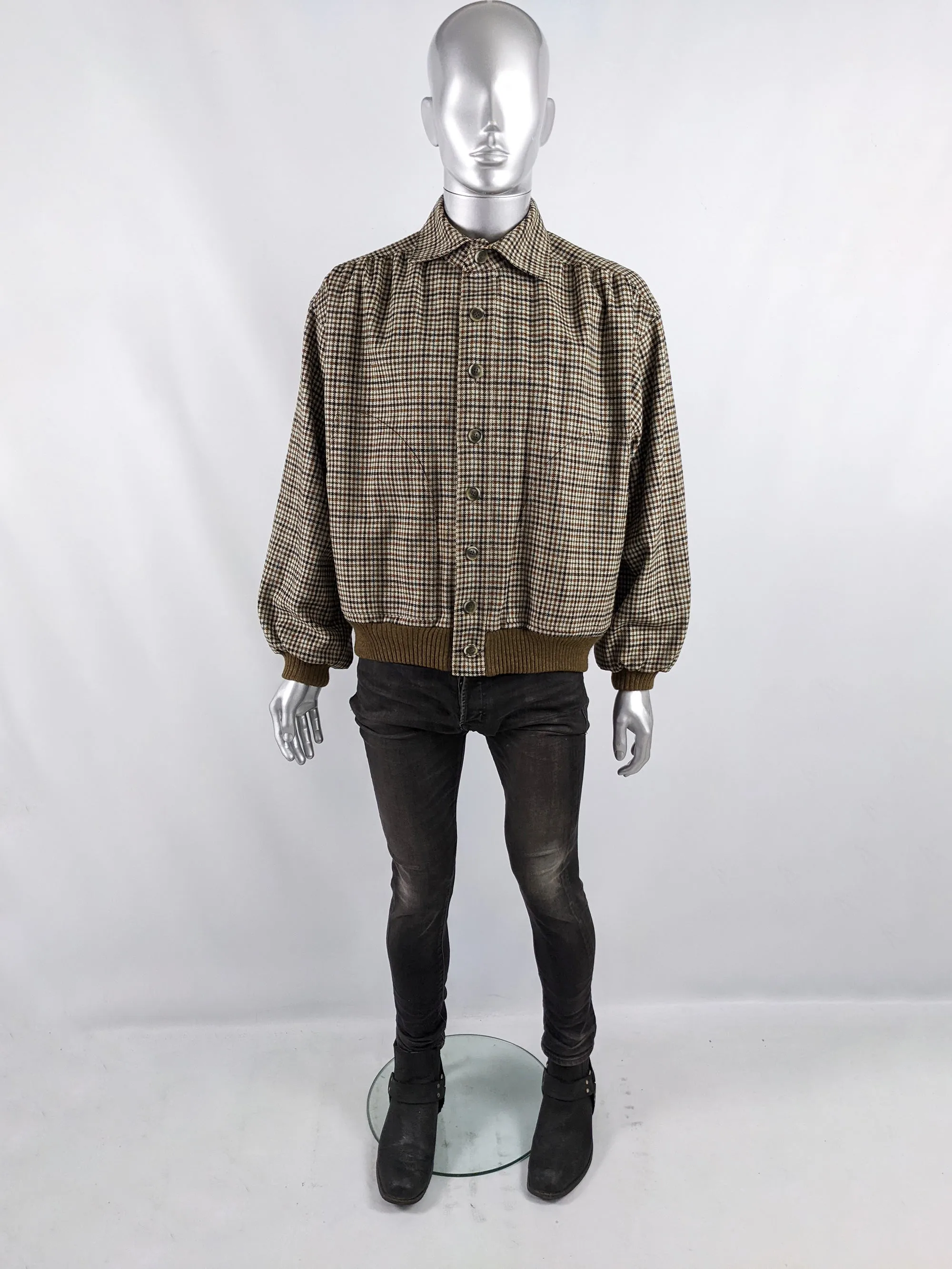 Mens Vintage Wool Houndstooth Collared Blouson Jacket, 1970s