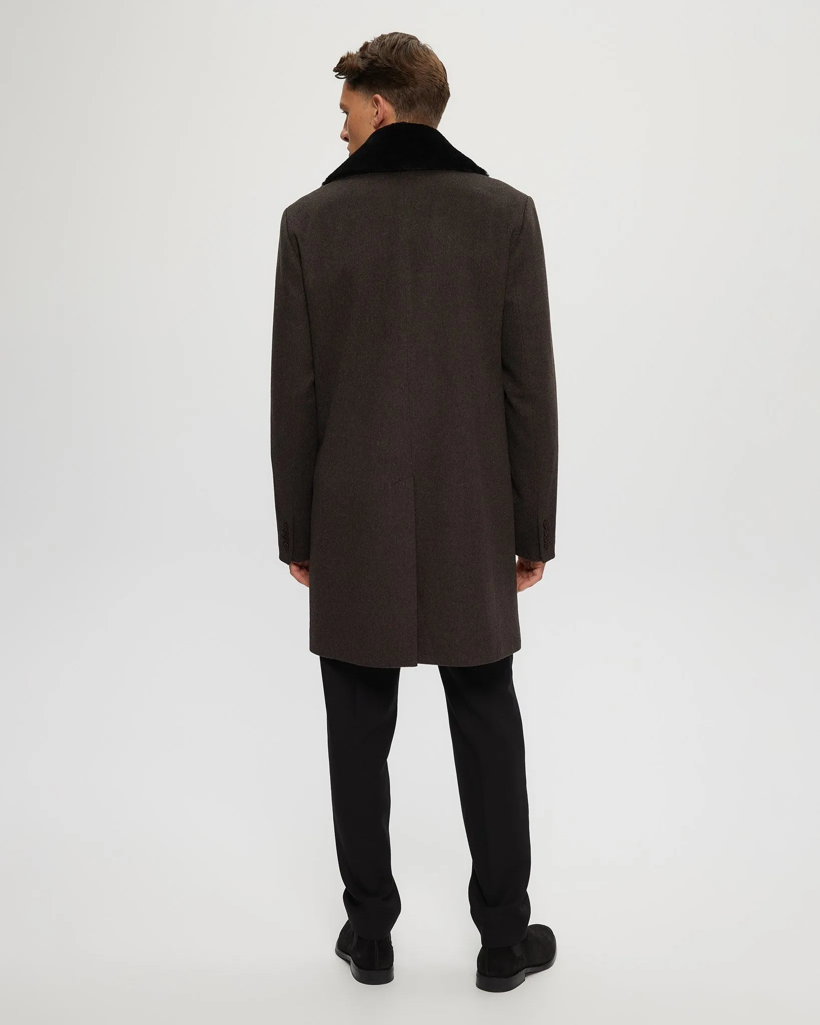 Men's Wool Short Coat with Detachable Merino Shearling Lamb Collar