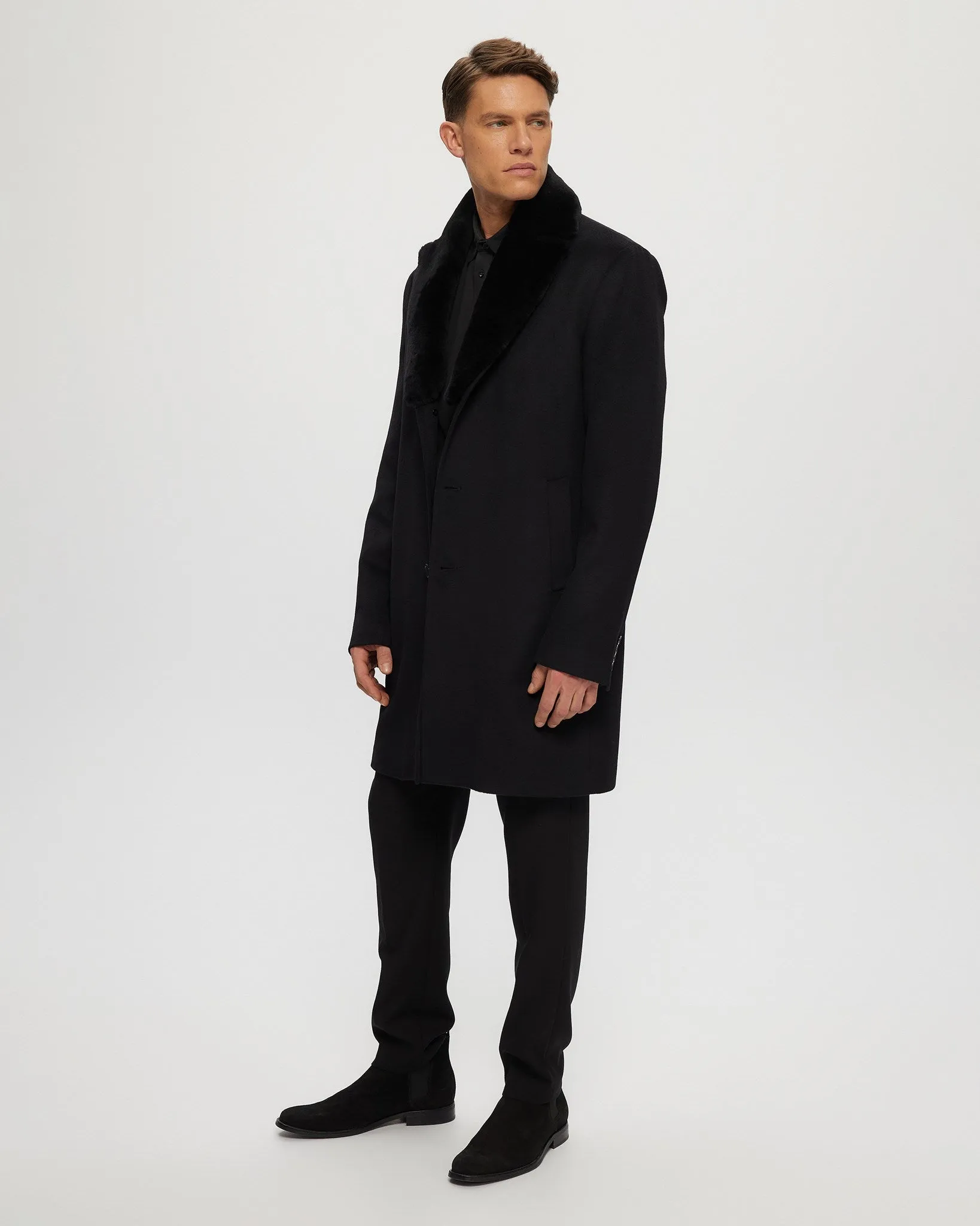 Men's Wool Short Coat with Detachable Merino Shearling Lamb Collar