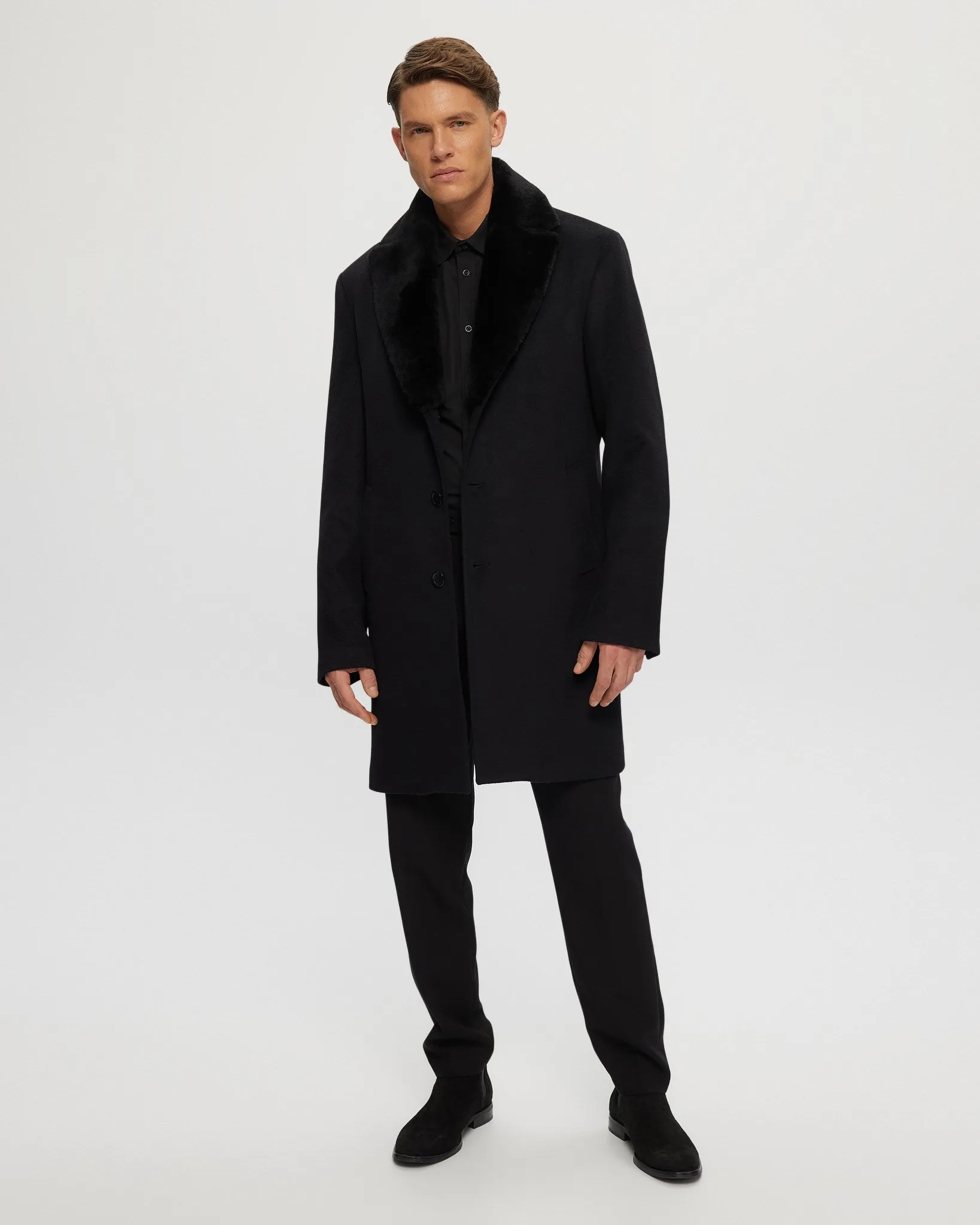 Men's Wool Short Coat with Detachable Merino Shearling Lamb Collar