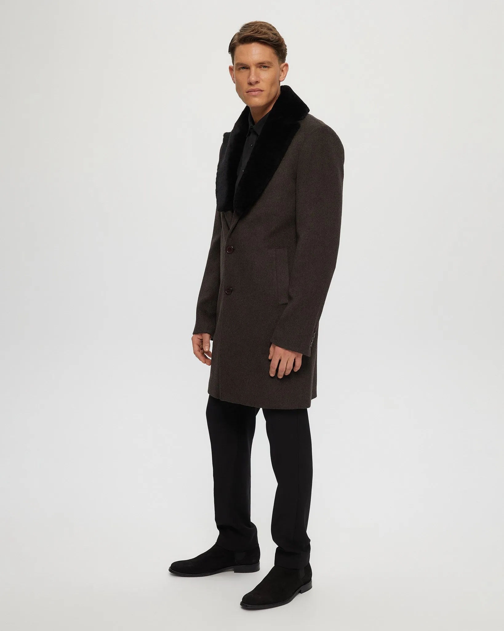 Men's Wool Short Coat with Detachable Merino Shearling Lamb Collar