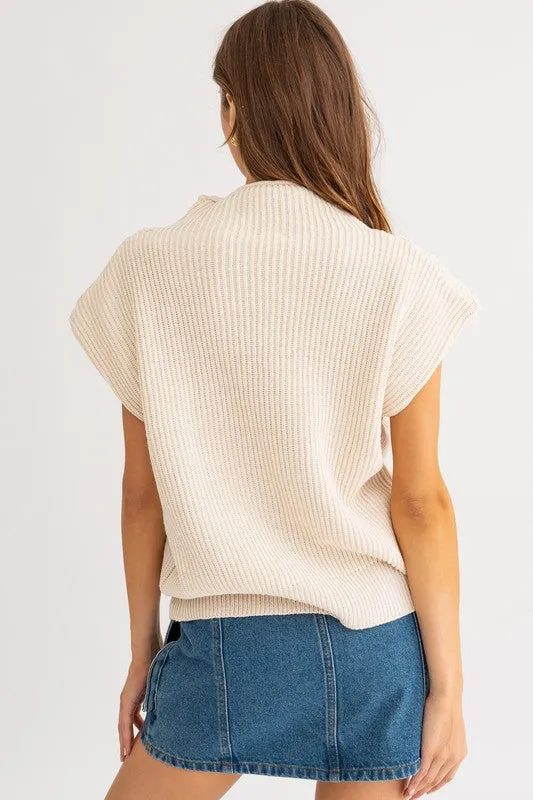 Mock Turtle Neck Power Shoulder Sweater in Cream