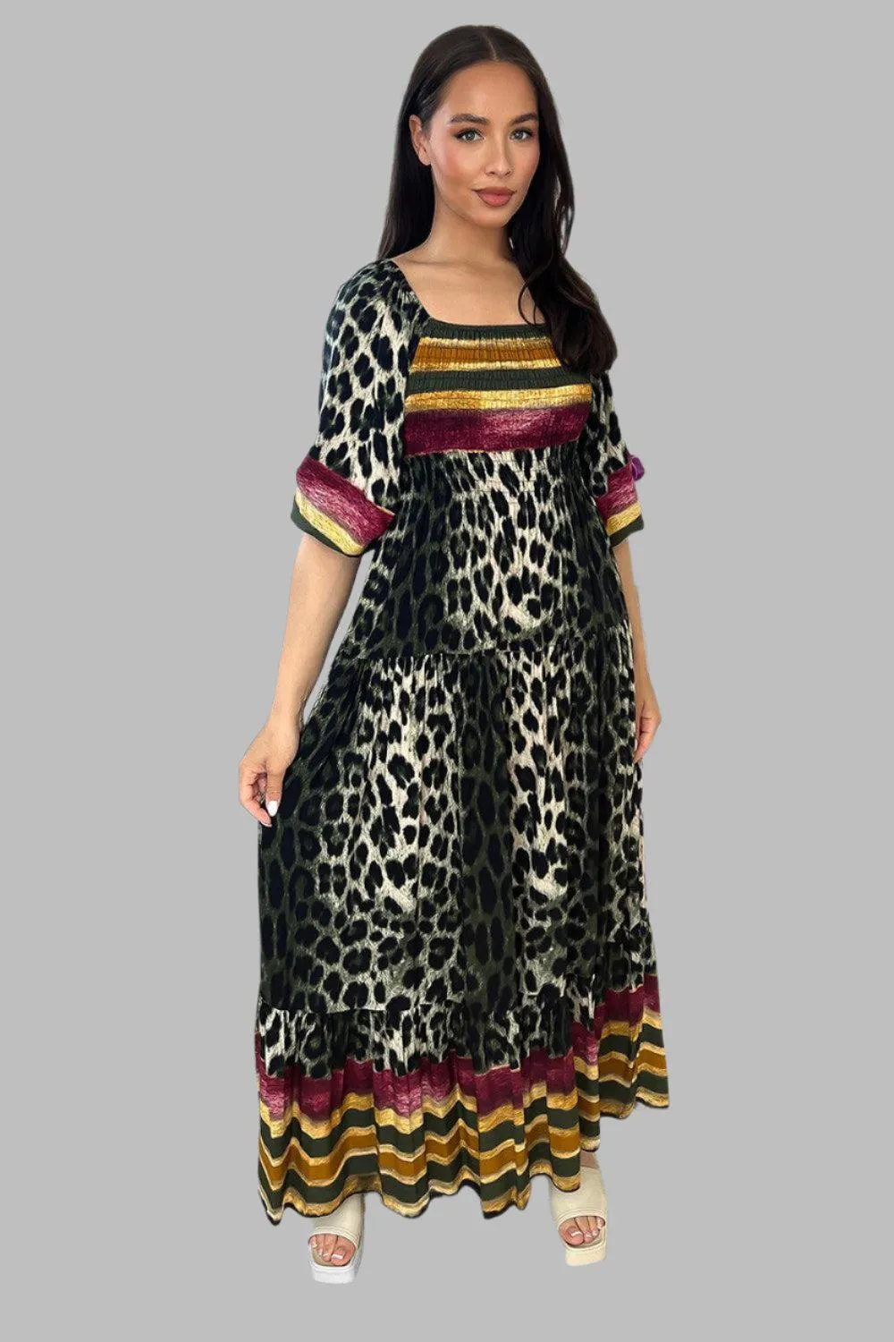 Multicolour Leopard Print Milkmaid Maxi Dress