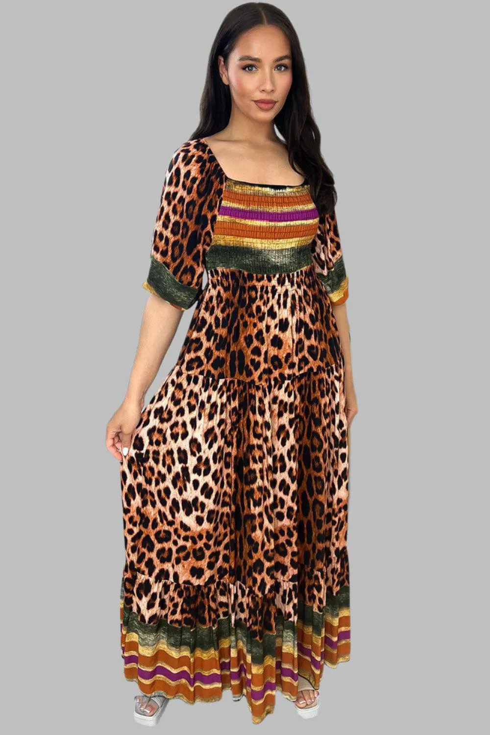 Multicolour Leopard Print Milkmaid Maxi Dress