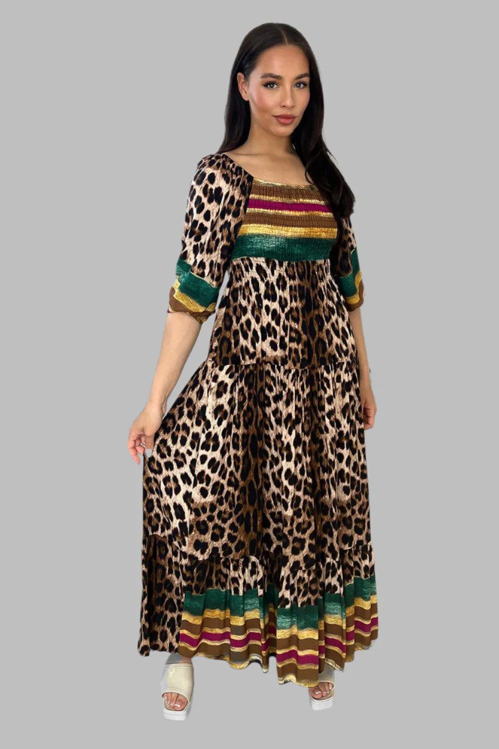 Multicolour Leopard Print Milkmaid Maxi Dress