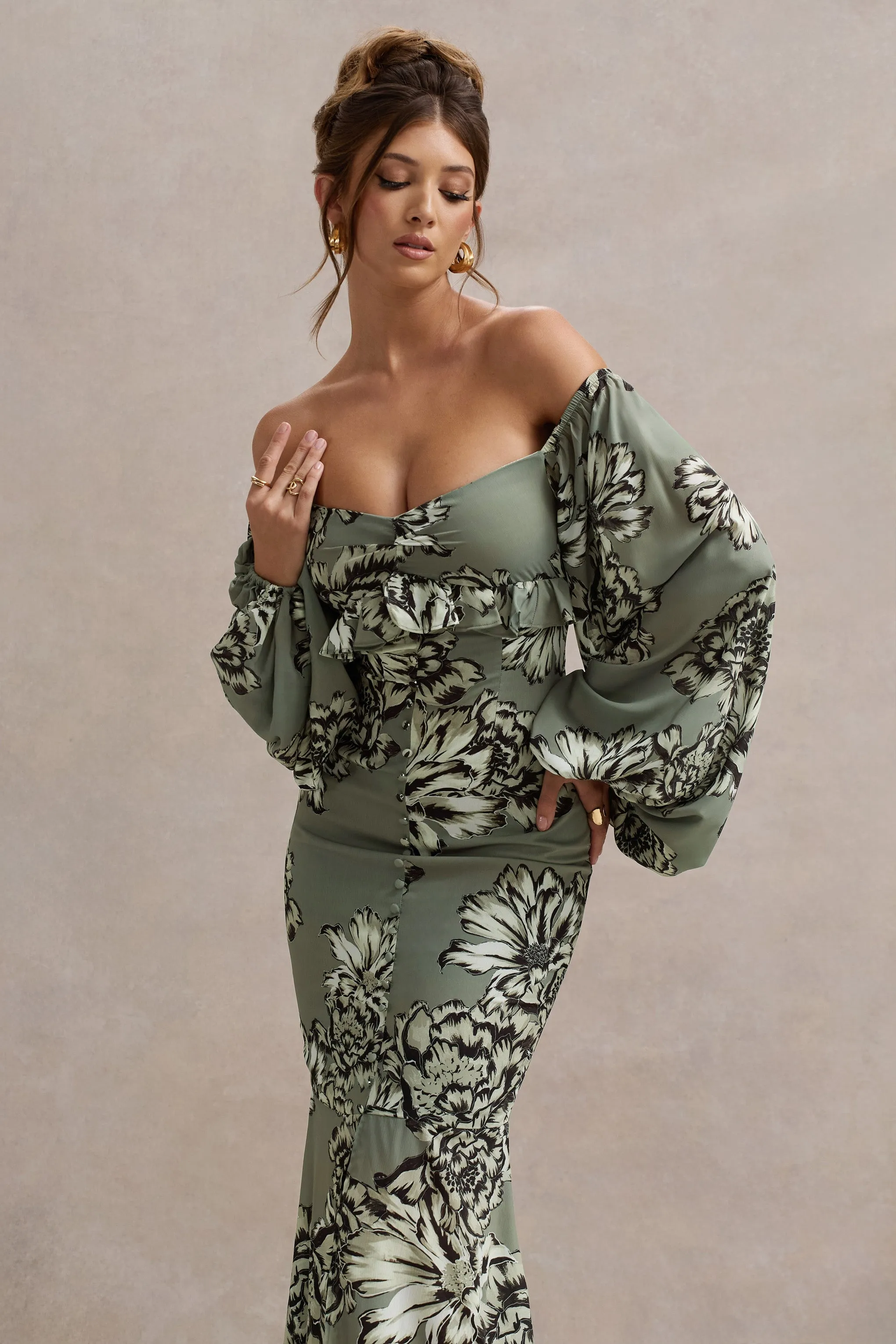 Murcia | Olive Floral Print Chiffon Puff-Sleeve Button Maxi Dress