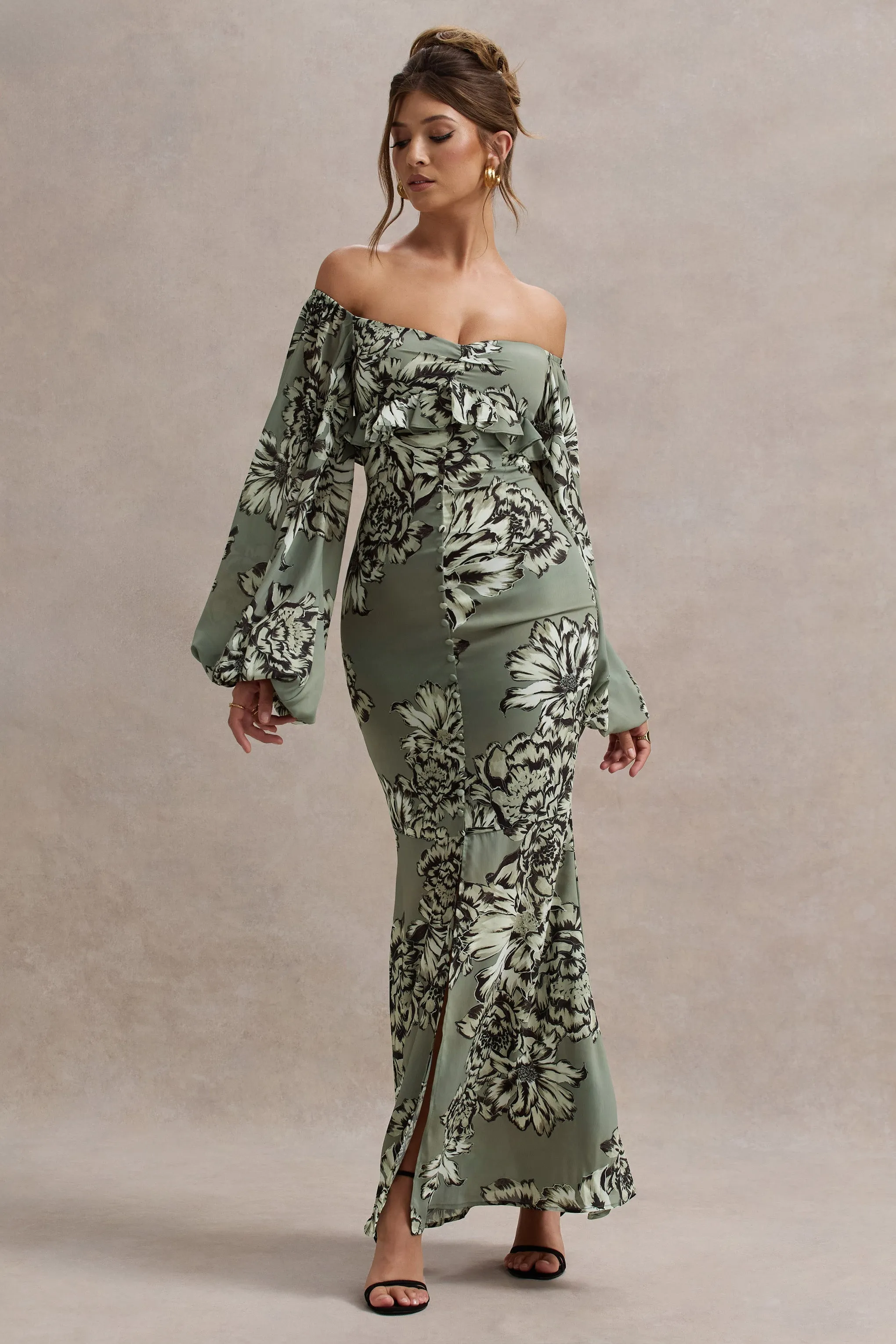 Murcia | Olive Floral Print Chiffon Puff-Sleeve Button Maxi Dress