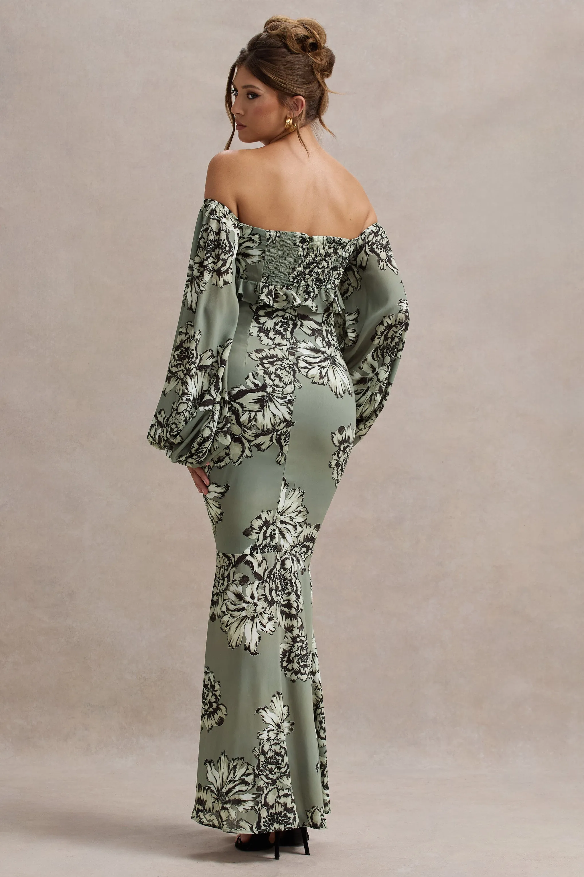 Murcia | Olive Floral Print Chiffon Puff-Sleeve Button Maxi Dress