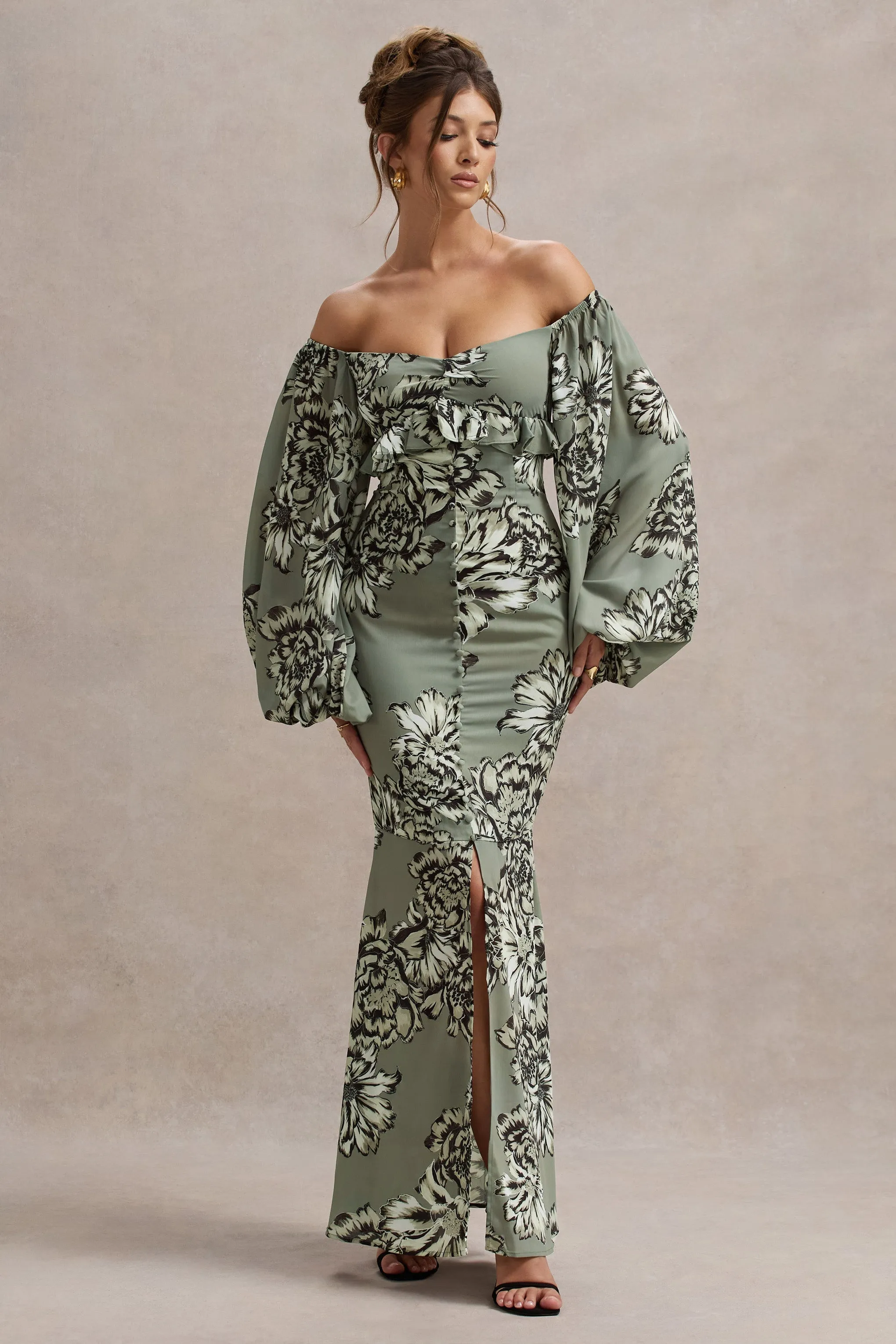 Murcia | Olive Floral Print Chiffon Puff-Sleeve Button Maxi Dress