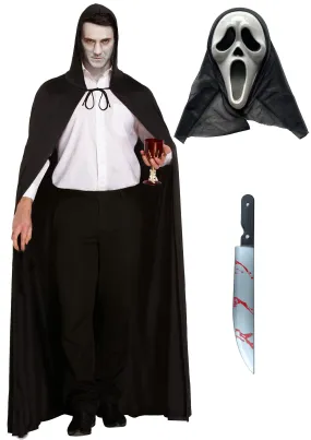 Nightmare Unleashed: Long Black Cape, Scream Ghost Killer Mask, and 50cm Fake Bloodied Kitchen Knife