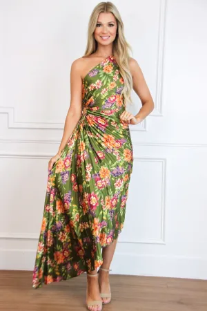 Novelle One Shoulder Pleated Asymmetrical Maxi Dress: Olive Floral