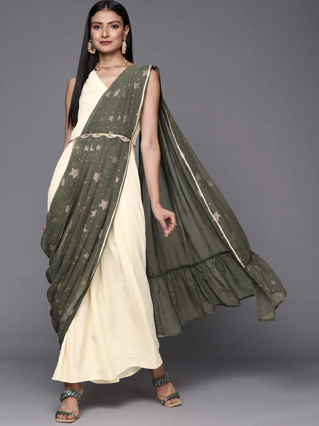 Off White & Olive Green Ethnic Maxi Dress with Attached Dupatta