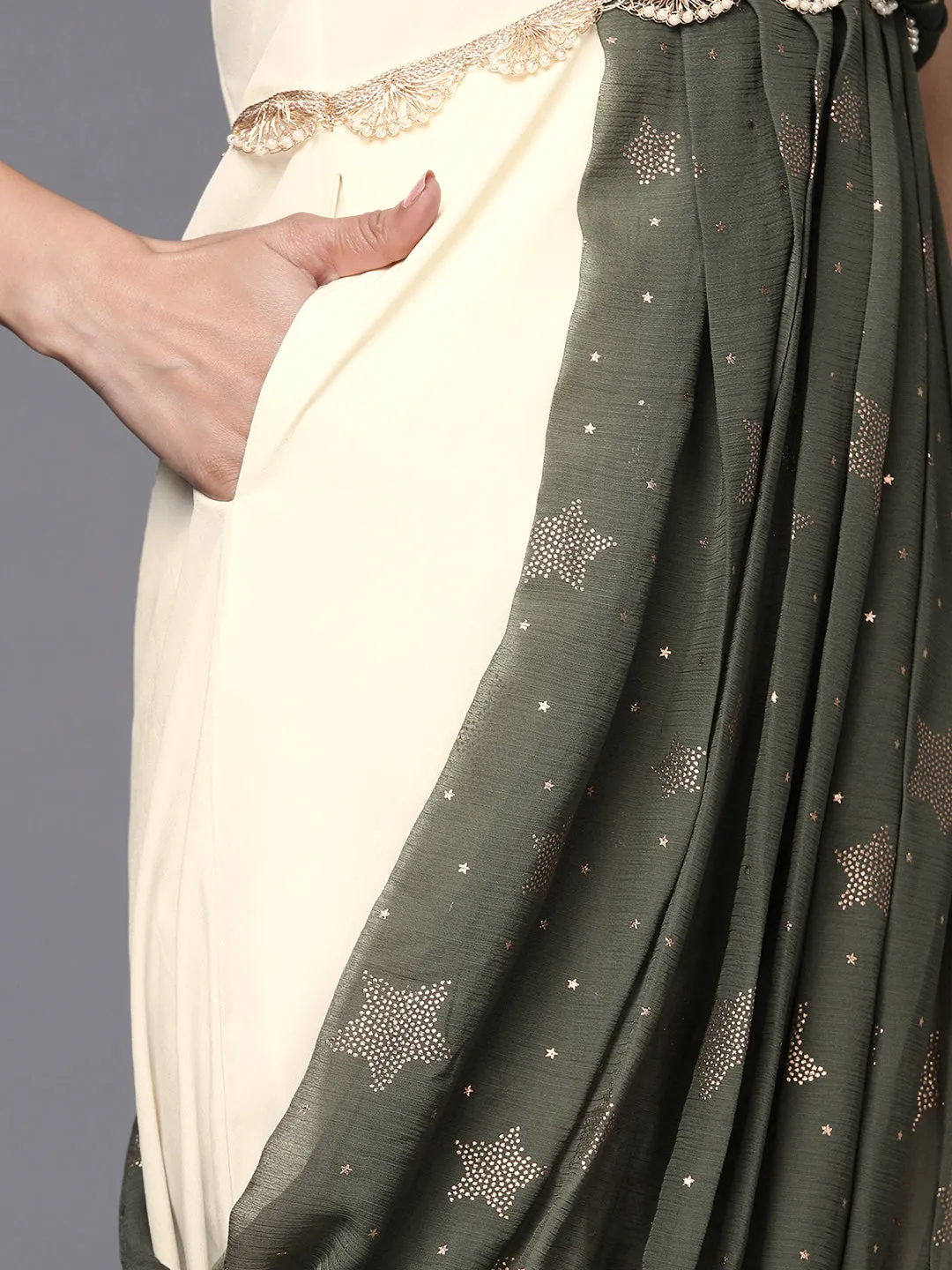 Off White & Olive Green Ethnic Maxi Dress with Attached Dupatta