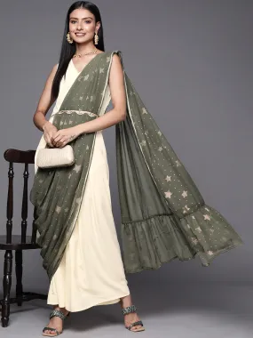 Off White & Olive Green Ethnic Maxi Dress with Attached Dupatta