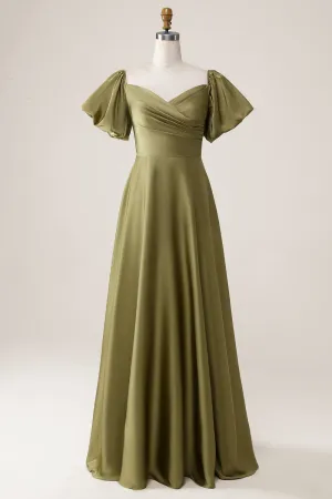 Olive A Line Off the Shoulder Maxi Dress with Short Sleeves