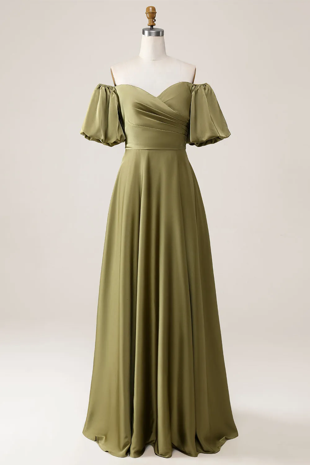 Olive A Line Off the Shoulder Maxi Dress with Short Sleeves