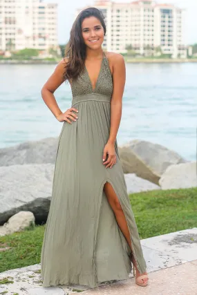 Olive Crochet Halter Neck Maxi Dress