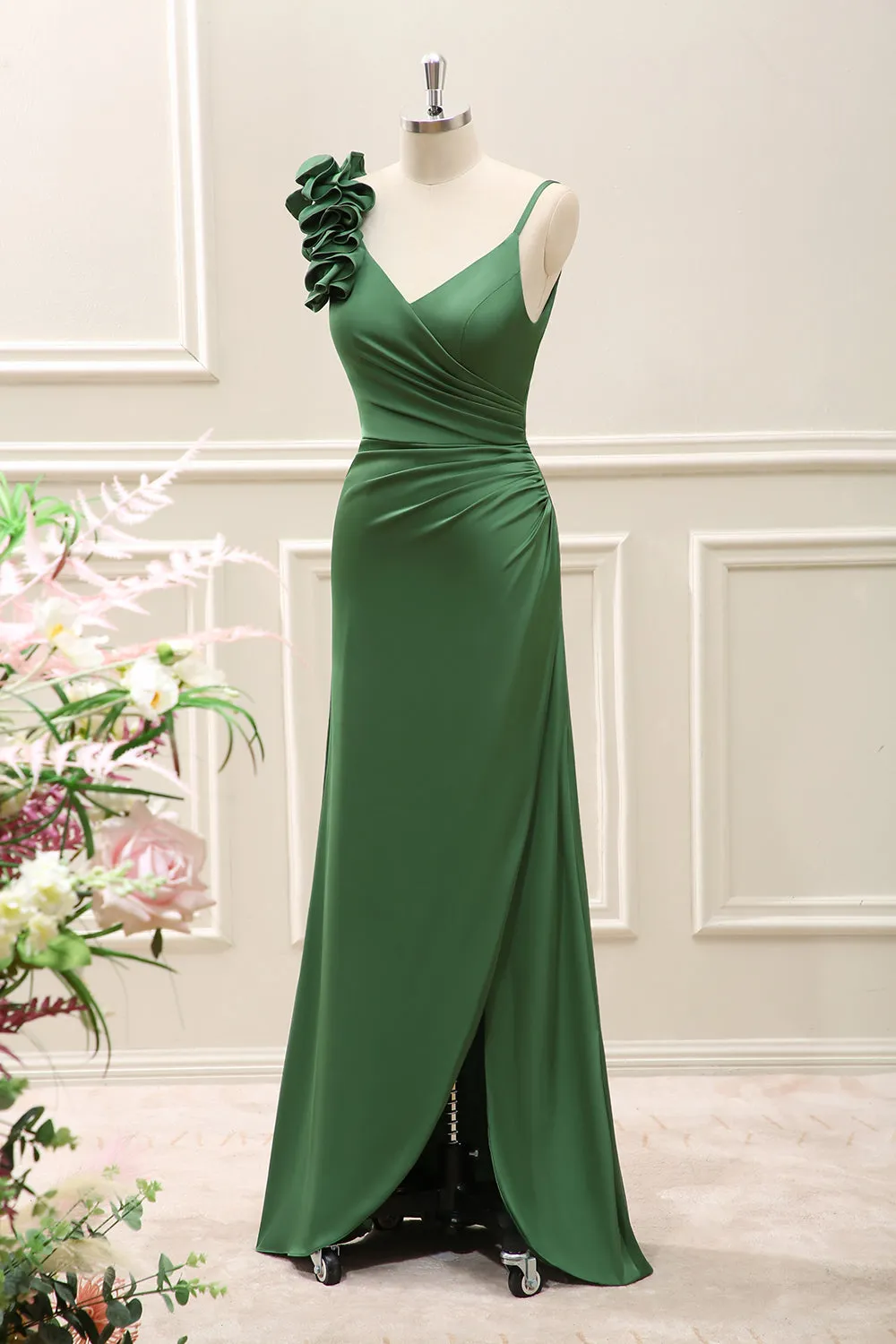 Olive Green Pleated Satin Maxi Dress with Slit