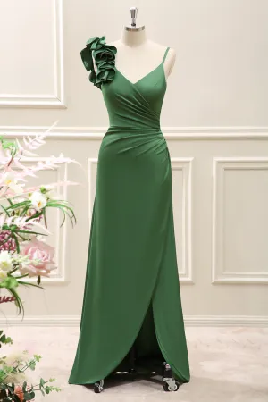 Olive Green Pleated Satin Maxi Dress with Slit