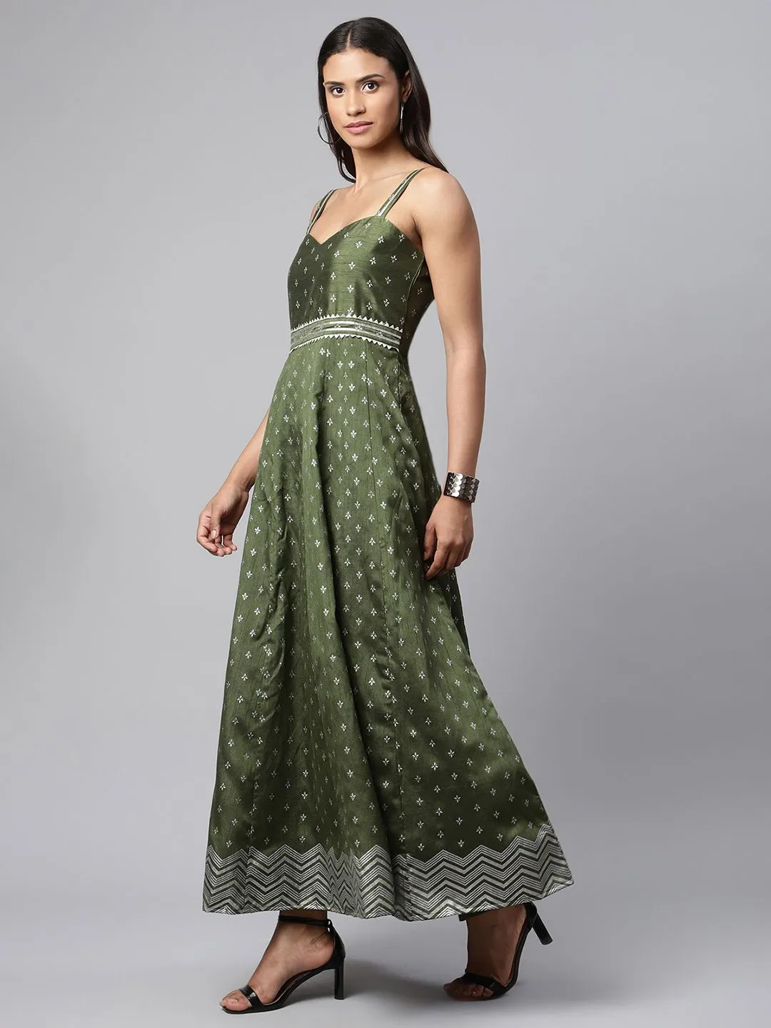 Olive Green Poly Silk Printed Dress