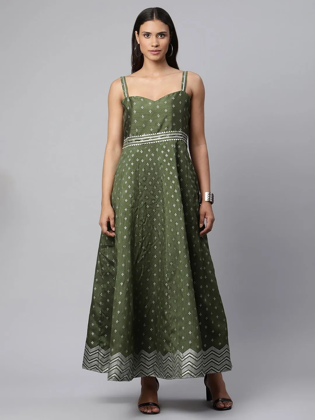 Olive Green Poly Silk Printed Dress