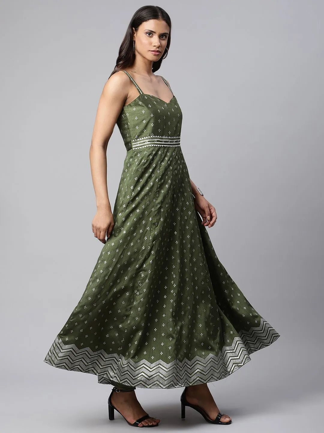 Olive Green Poly Silk Printed Dress